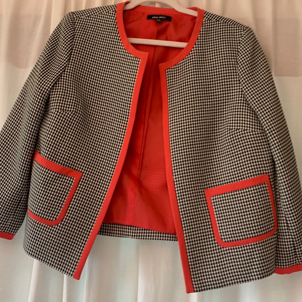 Nine West Black and White Houndstooth Blazer with Red Accents